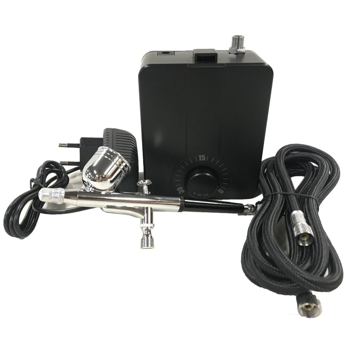 Aerografas 12V Ø0.3mm 7cm³ 4vnt. 1/4" dvigubo veikimo su kompresoriumi 1