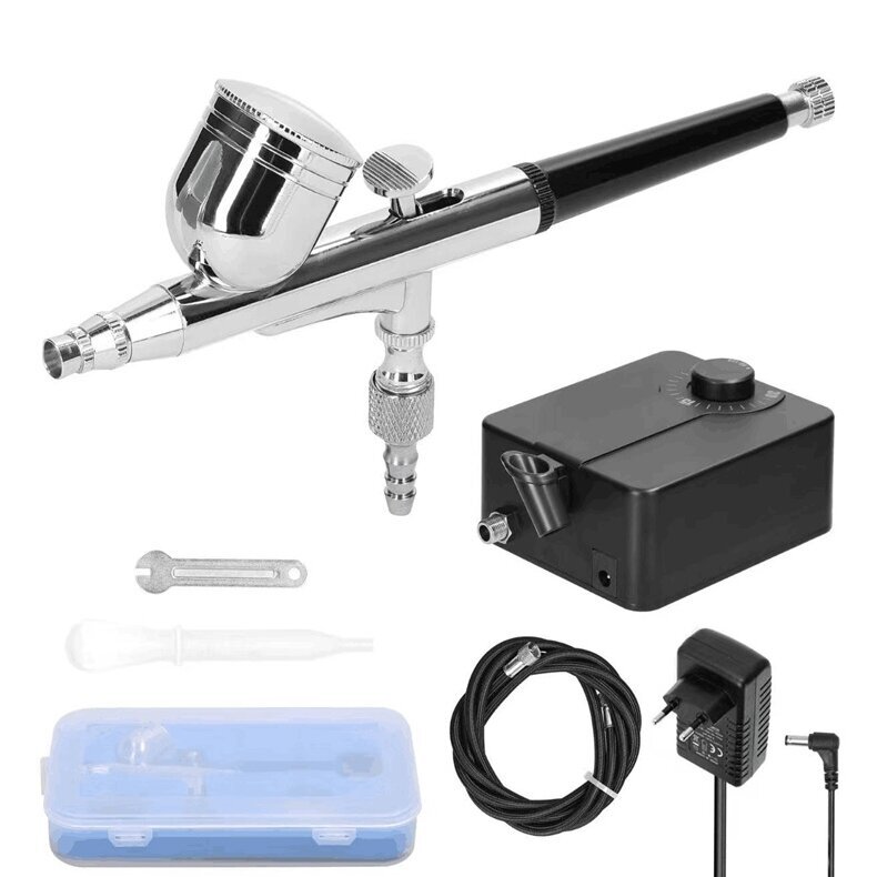 Aerografas 12V Ø0.3mm 7cm³ 4vnt. 1/4" dvigubo veikimo su kompresoriumi Aerografas 12V Ø0.3mm 7cm³ 4vnt. 1/4" dvigubo veikimo su kompresoriumi