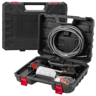 Akumuliatorinis aukšto slėgio plovimo pistoletas su plastikine dėže 15bar 21V 1500mAh 1 Akumuliatorinis aukšto slėgio plovimo pistoletas su plastikine dėže 15bar 21V 1500mAh 1