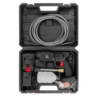 Akumuliatorinis aukšto slėgio plovimo pistoletas su plastikine dėže 15bar 21V 1500mAh 2 Akumuliatorinis aukšto slėgio plovimo pistoletas su plastikine dėže 15bar 21V 1500mAh 2
