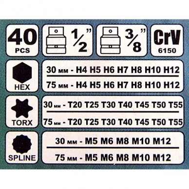 Antgalių rinkinys ilgų trumpų hex spline torx plastikinė dėžutė 40vnt. S10631 2