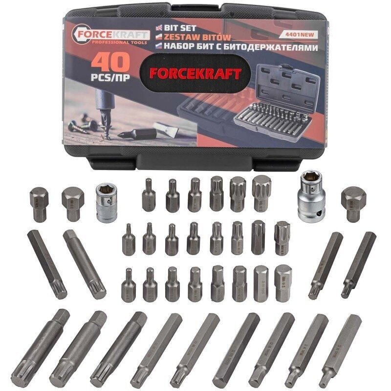 Antgalių rinkinys ilgų trumpų hex spline torx plastikinė dėžutė 40vnt. 2