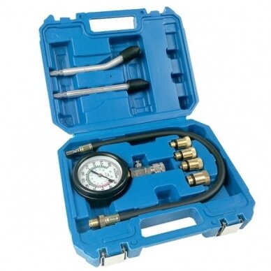 Benzininis kompresijos matuoklis su adapteriais 8vnt. S10453 Benzininis kompresijos matuoklis su adapteriais 8vnt. S10453