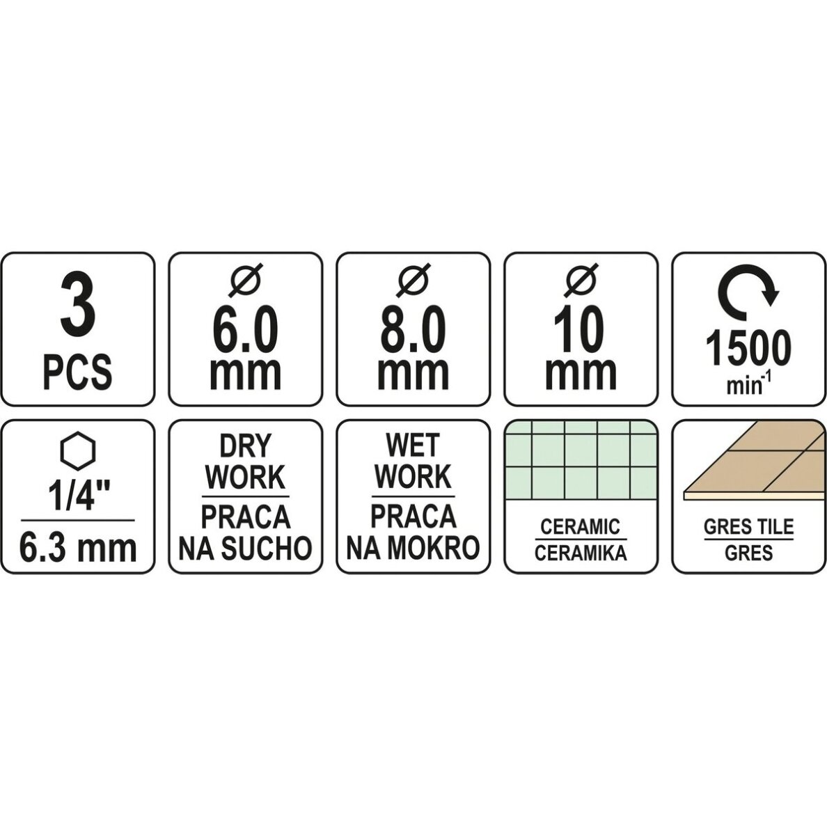 Deimantinių karūnų rinkinys HEX 6,8,10mm 3vnt. 3