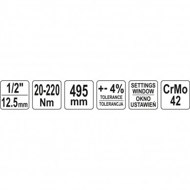 Dinamometrinis raktas 1/2` 20-220Nm L-481mm YT-07605 4