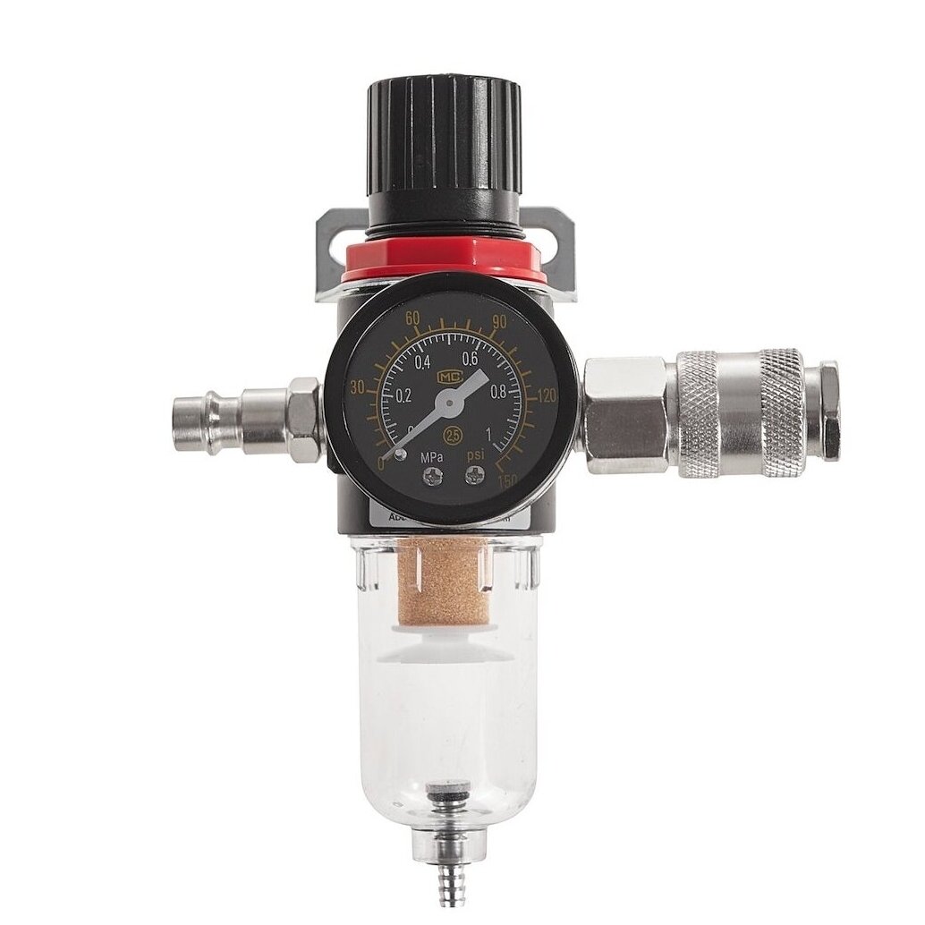 Drėgmės filtras su reguliatoriumi ir manometru 1/4” Drėgmės filtras su reguliatoriumi ir manometru 1/4”