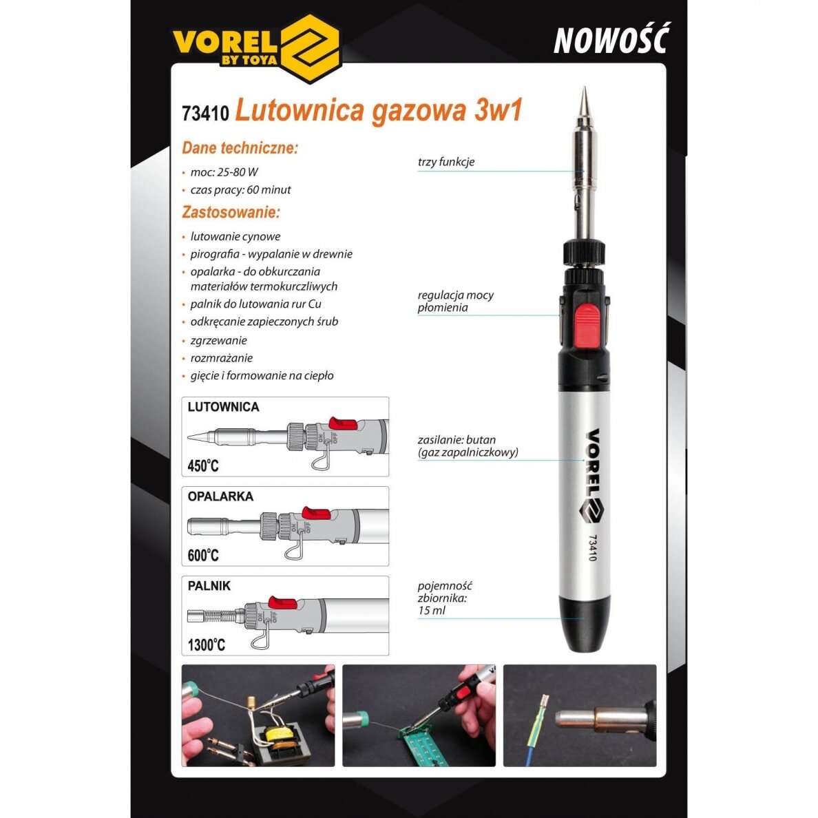 Dujinis degiklis 3-viename mini 25-80W 1300°C 73410 3 Dujinis degiklis 3-viename mini 25-80W 1300°C 73410 3