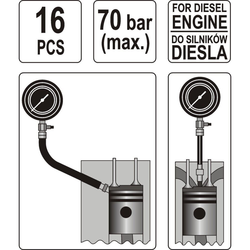 Dyzelinis kompresijos matuoklis su adapteriais 16vnt. 1 Dyzelinis kompresijos matuoklis su adapteriais 16vnt. 1