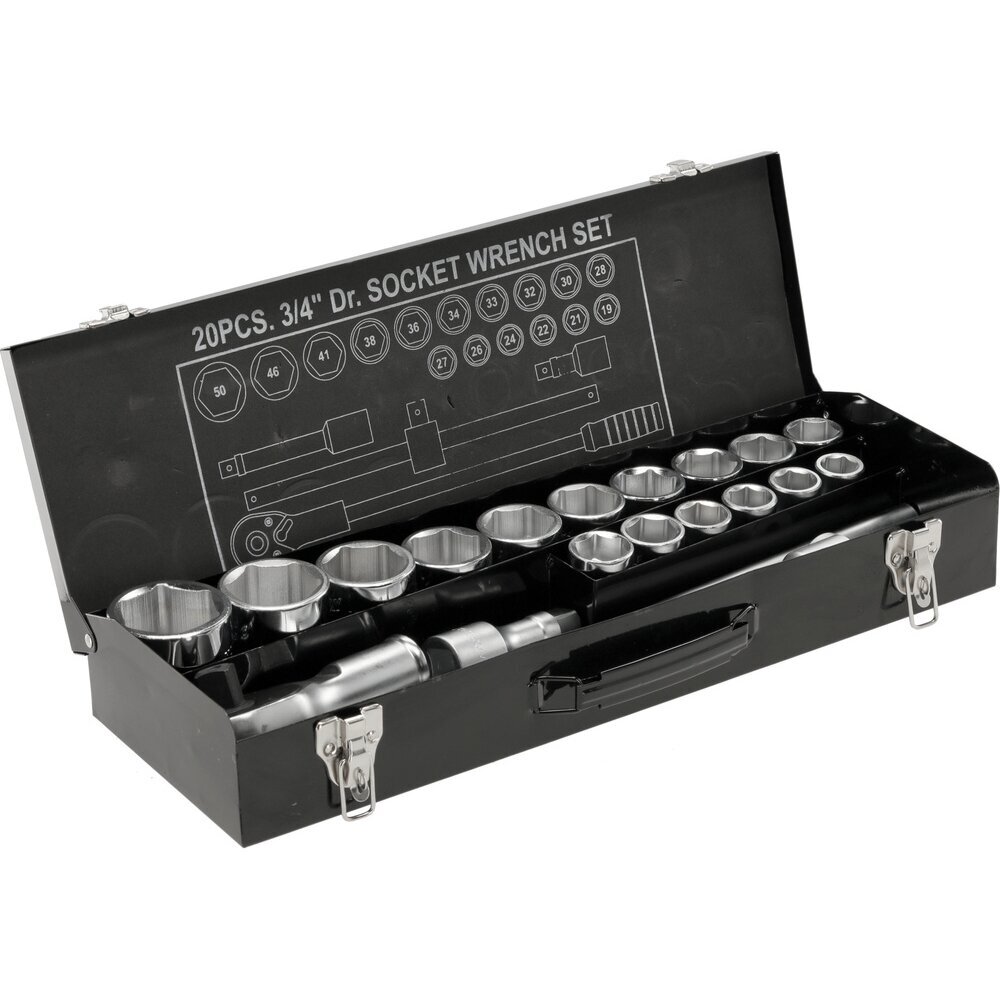 Galvučių rinkinys 6 kampų 3/4" 20vnt. (19-50mm) Galvučių rinkinys 6 kampų 3/4" 20vnt. (19-50mm)