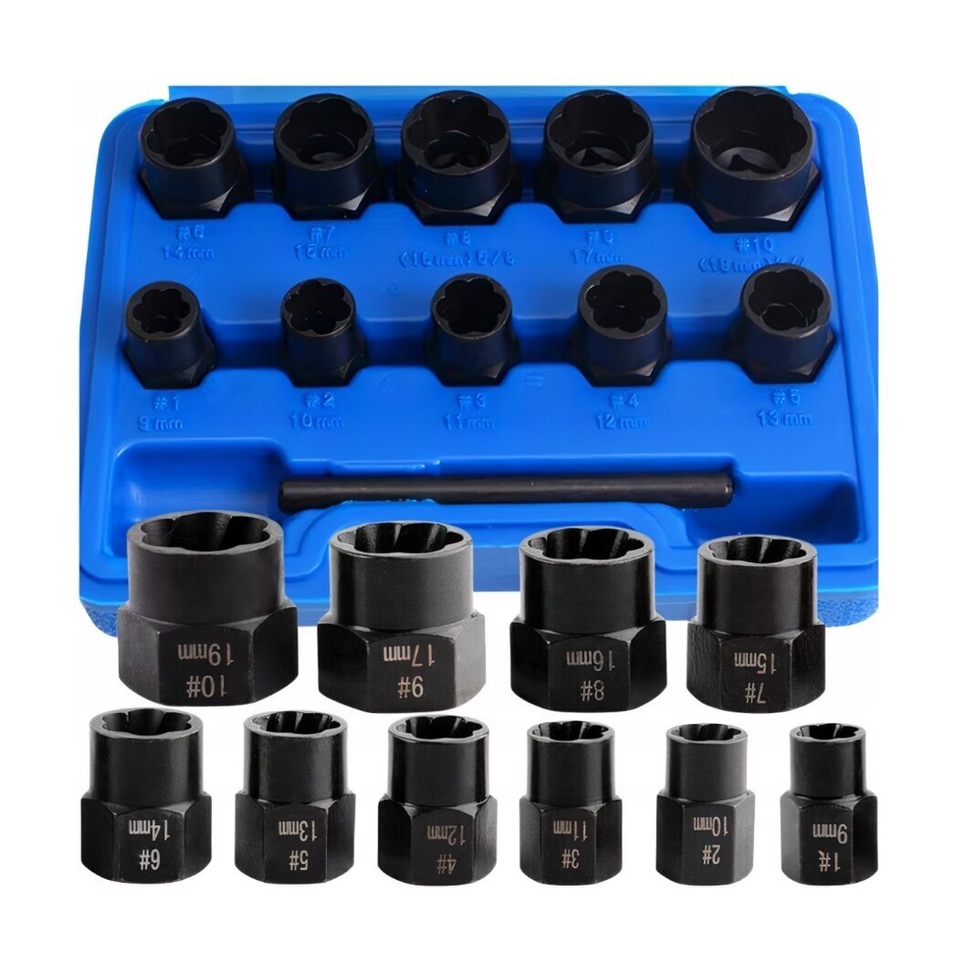 Galvučių rinkinys sugadintiems varžtams 3/8" 10vnt. 9-19mm 1