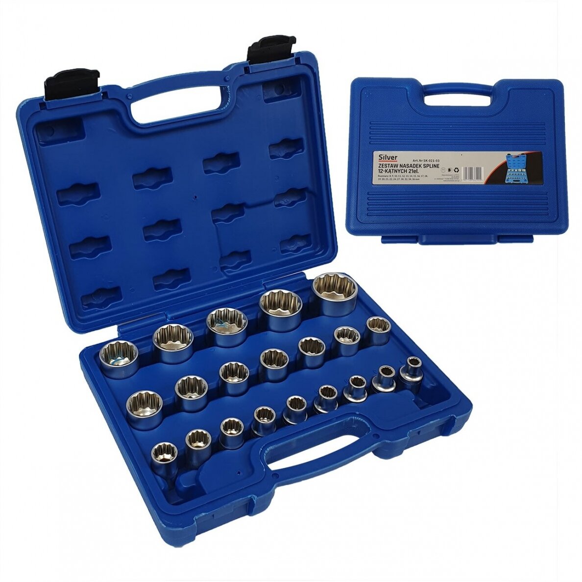 Galvučių rinkinys daugiakampių 1/2" 8-36mm 21vnt. SK-021-03 1 Galvučių rinkinys daugiakampių 1/2" 8-36mm 21vnt. SK-021-03 1