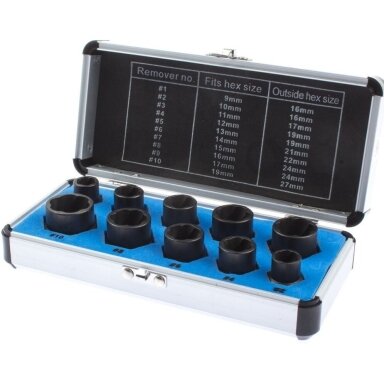 Galvučių rinkinys sugadintiems varžtams 3/8" 10vnt. 9-19mm Galvučių rinkinys sugadintiems varžtams 3/8" 10vnt. 9-19mm