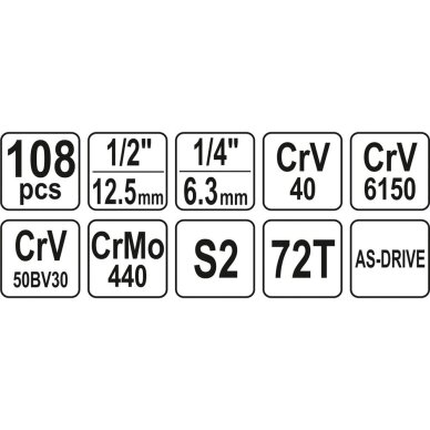 Įrankių rinkinys 6 kampų 108vnt. 1/4" 1/2" 4 Įrankių rinkinys 6 kampų 108vnt. 1/4" 1/2" 4
