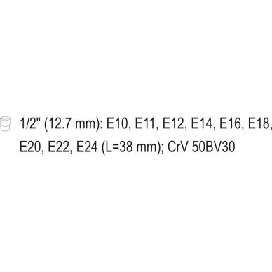 Galvučių rinkinys E-tipo 1/2" 10-24mm 9vnt. 5 Galvučių rinkinys E-tipo 1/2" 10-24mm 9vnt. 5