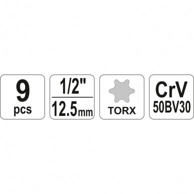 Galvučių rinkinys E-tipo 1/2" 10-24mm 9vnt. 6 Galvučių rinkinys E-tipo 1/2" 10-24mm 9vnt. 6