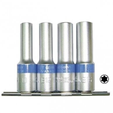 Galvučių rinkinys E-tipo ilgos 1/2" 10-16mm 4vnt. Galvučių rinkinys E-tipo ilgos 1/2" 10-16mm 4vnt.