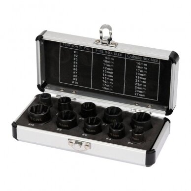 Galvučių rinkinys sugadintiems varžtams 3/8" 10vnt. 9-19mm Galvučių rinkinys sugadintiems varžtams 3/8" 10vnt. 9-19mm