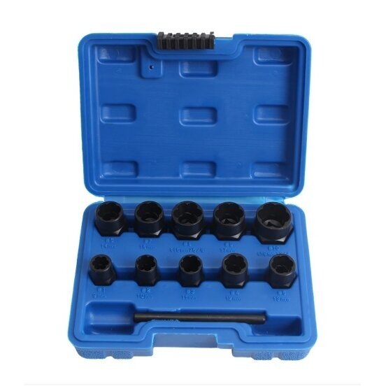 Galvučių rinkinys sugadintiems varžtams 3/8" 10vnt. 9-19mm Galvučių rinkinys sugadintiems varžtams 3/8" 10vnt. 9-19mm