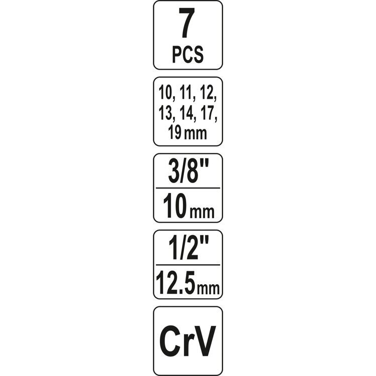 Galvučių rinkinys su išpjova 6vnt. 3/8" 1/2" 10-19mm 1 Galvučių rinkinys su išpjova 6vnt. 3/8" 1/2" 10-19mm 1