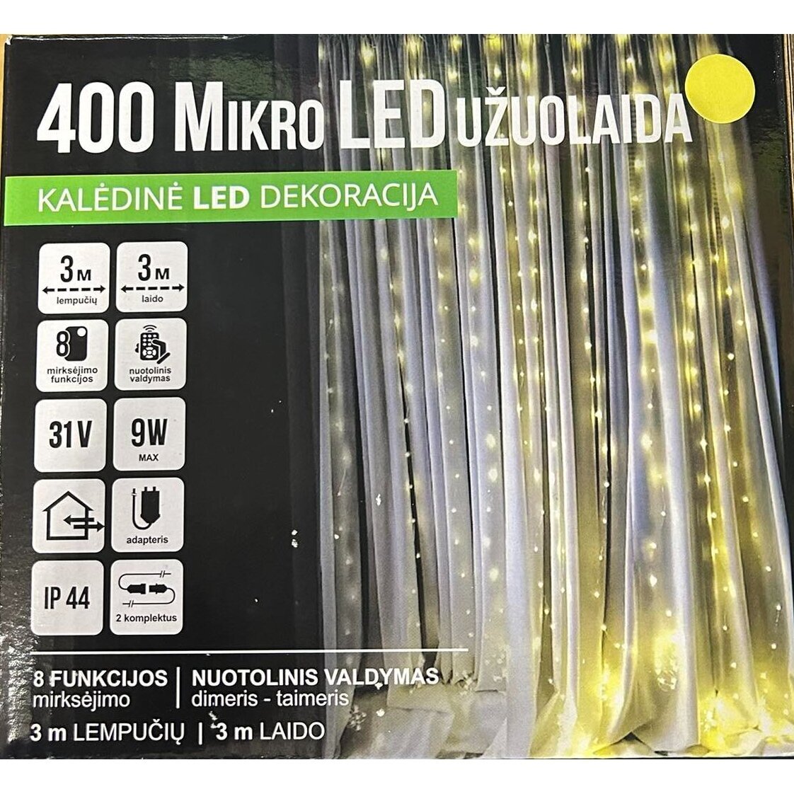 Girlianda užuolaida skaidriu laidu 3.2 x 2.4m 400 Micro LED Spalvota (Mėlyna/balta/rožinė/žalia/šiltai balta) 1
