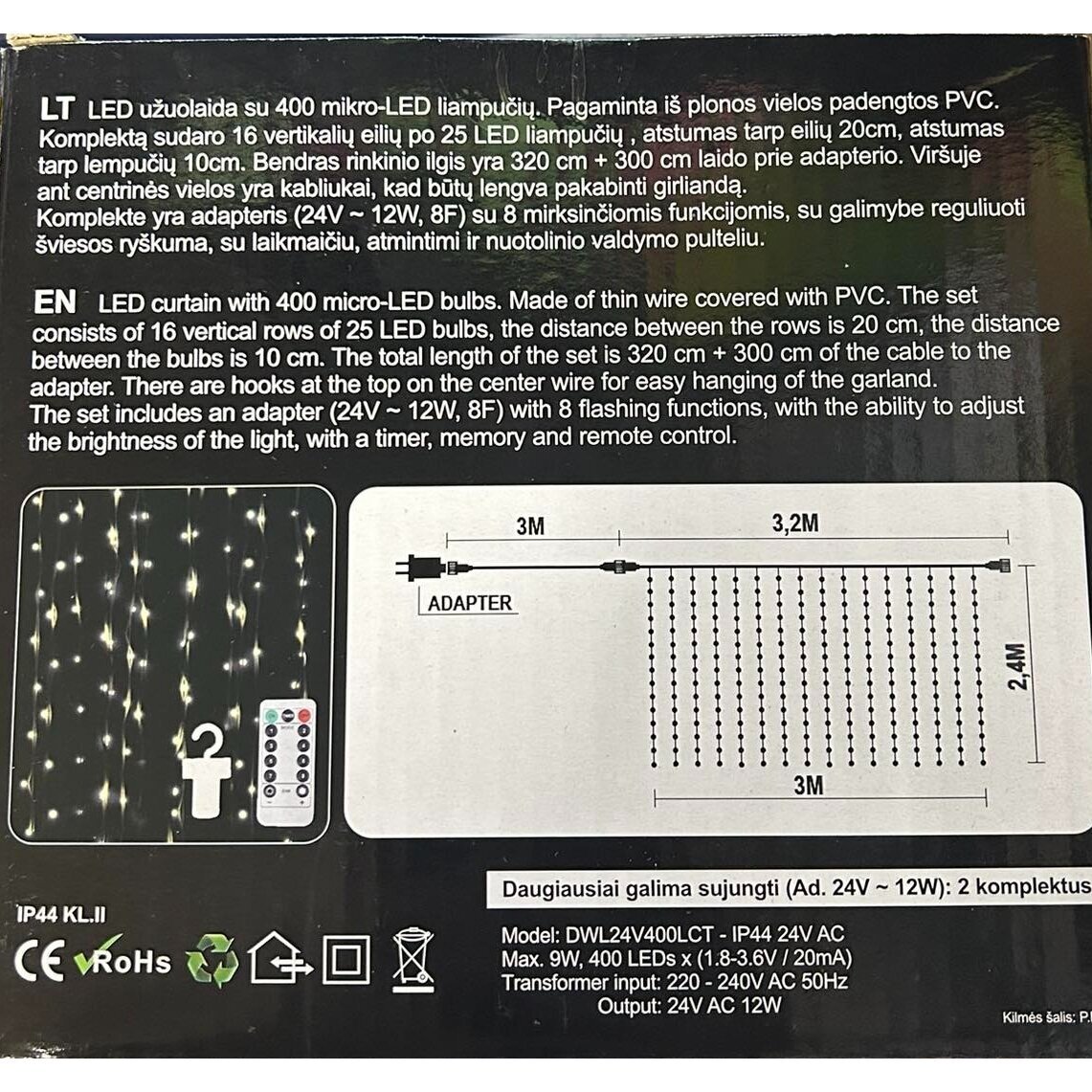 Girlianda užuolaida skaidriu laidu 3.2 x 2.4m 400 Micro LED Balta + šiltai balta 2 Girlianda užuolaida skaidriu laidu 3.2 x 2.4m 400 Micro LED Balta + šiltai balta 2