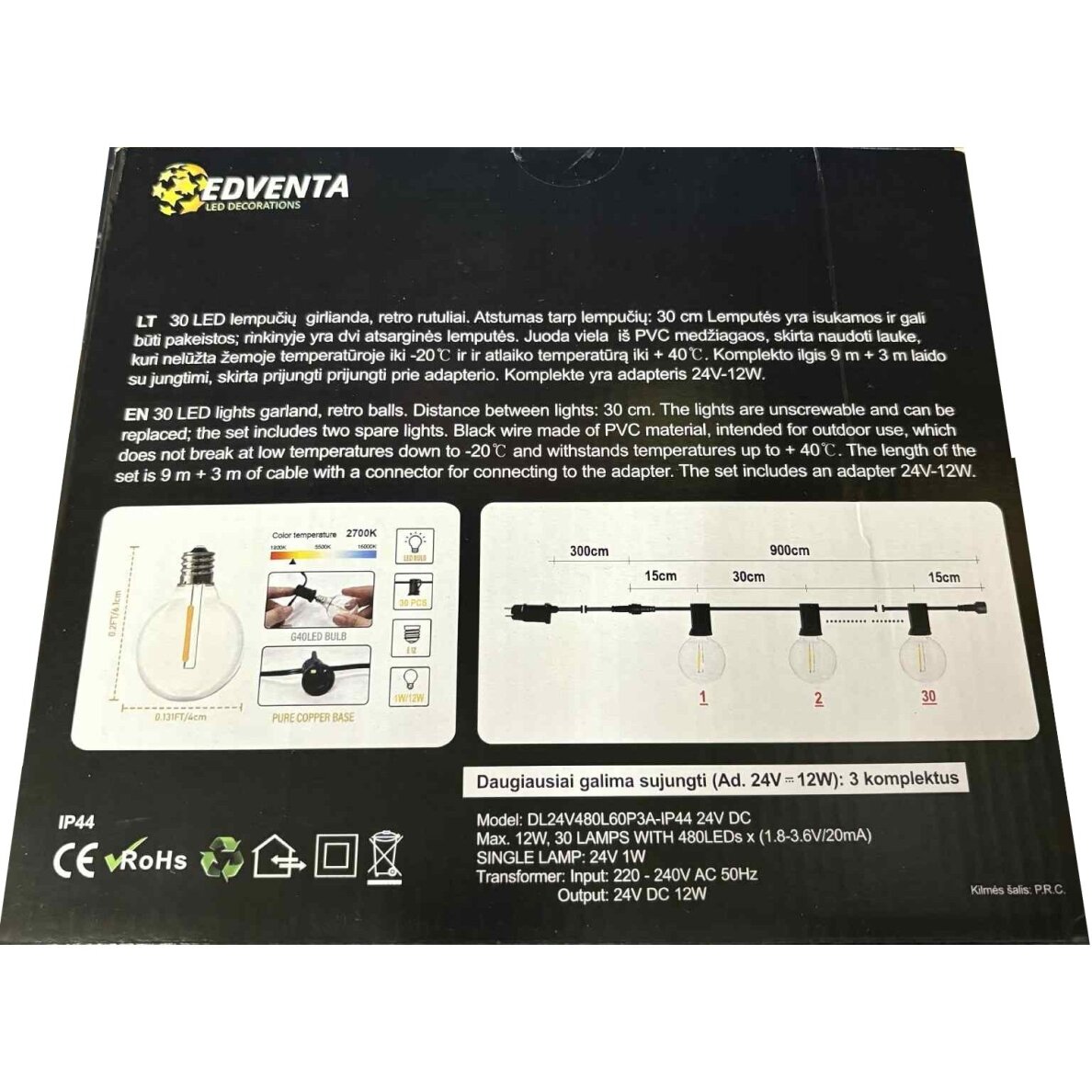 Girlianda retro 30LED Šiltai balta 1 Girlianda retro 30LED Šiltai balta 1