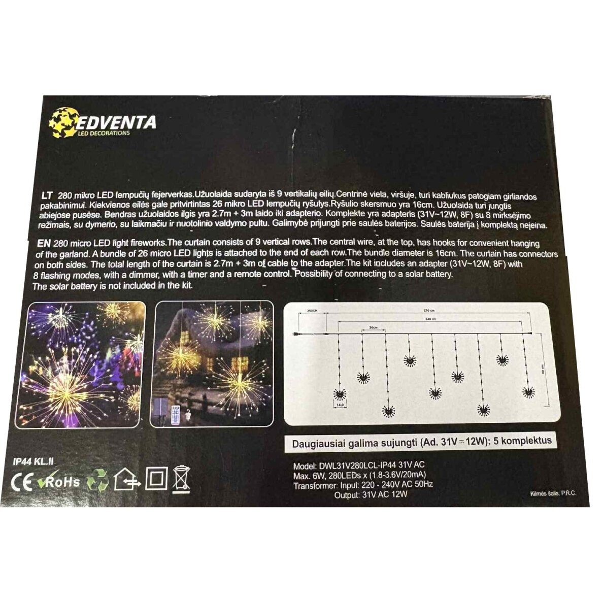 Girlianda užuolaida skaidriu laidu 2.7 x 3m MICRO 280 LED Šiltai balta 1