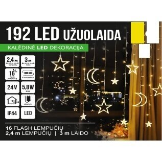 Girlianda užuolaida skaidriu laidu 2.4 x 1.1m 192LED Šiltai balta + balta (20% baltos mirksinčios) Girlianda užuolaida skaidriu laidu 2.4 x 1.1m 192LED Šiltai balta + balta (20% baltos mirksinčios)
