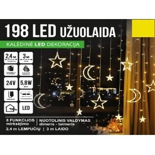 Girlianda užuolaida skaidriu laidu su nuotoliniu valdymu 2.4 x 1.1m 198LED 8 funkcijos Šiltai balta Girlianda užuolaida skaidriu laidu su nuotoliniu valdymu 2.4 x 1.1m 198LED 8 funkcijos Šiltai balta