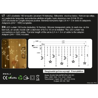 Girlianda užuolaida skaidriu laidu 2.4 x 1.1m 192LED Šiltai balta + balta (20% baltos mirksinčios) 1 Girlianda užuolaida skaidriu laidu 2.4 x 1.1m 192LED Šiltai balta + balta (20% baltos mirksinčios) 1