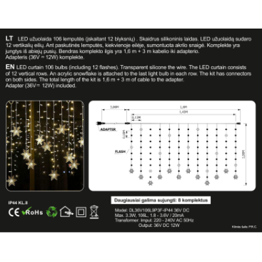 Girlianda užuolaida skaidriu laidu 1.6 x 1m 106LED Šiltai balta (20% baltos mirksinčios) 1 Girlianda užuolaida skaidriu laidu 1.6 x 1m 106LED Šiltai balta (20% baltos mirksinčios) 1