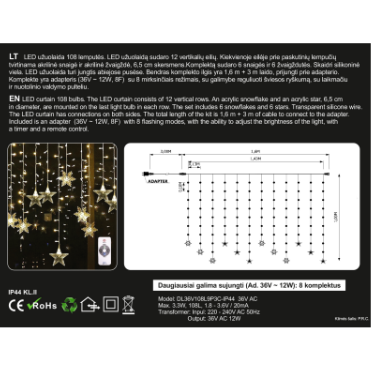 Girlianda užuolaida skaidriu laidu su nuotoliniu valdymu 1.6 x 1m 108LED 8 funkcijos Rožinė + balta 1 Girlianda užuolaida skaidriu laidu su nuotoliniu valdymu 1.6 x 1m 108LED 8 funkcijos Rožinė + balta 1