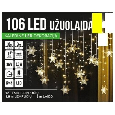 Girlianda užuolaida skaidriu laidu 1.6 x 1m 106LED Šiltai balta + balta (20% baltos mirksinčios) Girlianda užuolaida skaidriu laidu 1.6 x 1m 106LED Šiltai balta + balta (20% baltos mirksinčios)