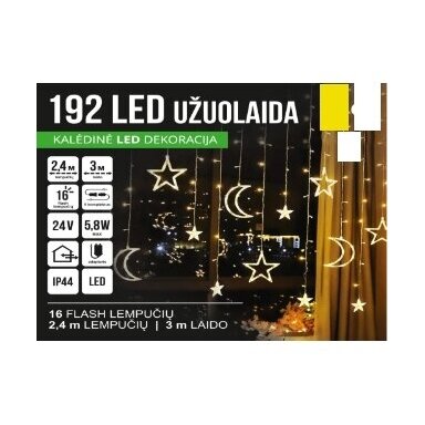 Girlianda užuolaida skaidriu laidu 2.4 x 1.1m 192LED Šiltai balta + balta (20% baltos mirksinčios) Girlianda užuolaida skaidriu laidu 2.4 x 1.1m 192LED Šiltai balta + balta (20% baltos mirksinčios)