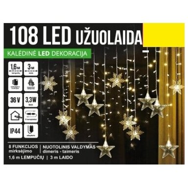 Girlianda užuolaida skaidriu laidu su nuotoliniu valdymu 1.6 x 1m 108LED 8 funkcijos Šiltai balta Girlianda užuolaida skaidriu laidu su nuotoliniu valdymu 1.6 x 1m 108LED 8 funkcijos Šiltai balta