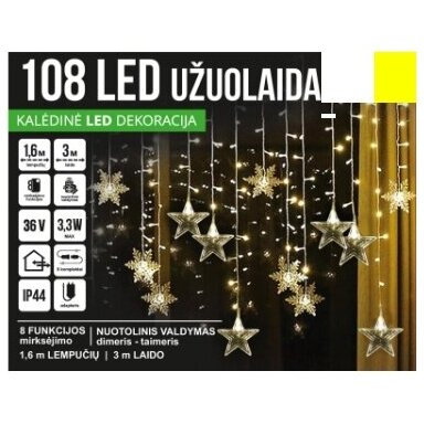 Girlianda užuolaida skaidriu laidu su nuotoliniu valdymu 1.6 x 1m 108LED 8 funkcijos Šiltai balta + balta Girlianda užuolaida skaidriu laidu su nuotoliniu valdymu 1.6 x 1m 108LED 8 funkcijos Šiltai balta + balta