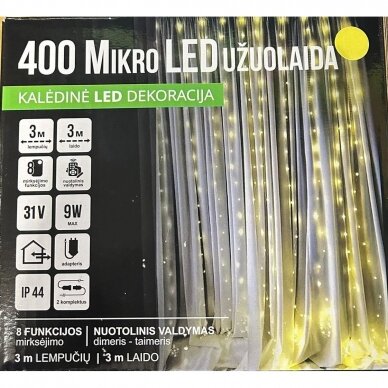 Girlianda užuolaida skaidriu laidu 3.2 x 2.4m 400 Micro LED Spalvota (Mėlyna/balta/rožinė/žalia/šiltai balta) 1