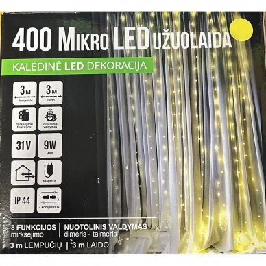 Girlianda užuolaida skaidriu laidu 3.2 x 2.4m 400 Micro LED Spalvota (Mėlyna/balta/rožinė/žalia/šiltai balta) 1 Girlianda užuolaida skaidriu laidu 3.2 x 2.4m 400 Micro LED Spalvota (Mėlyna/balta/rožinė/žalia/šiltai balta) 1