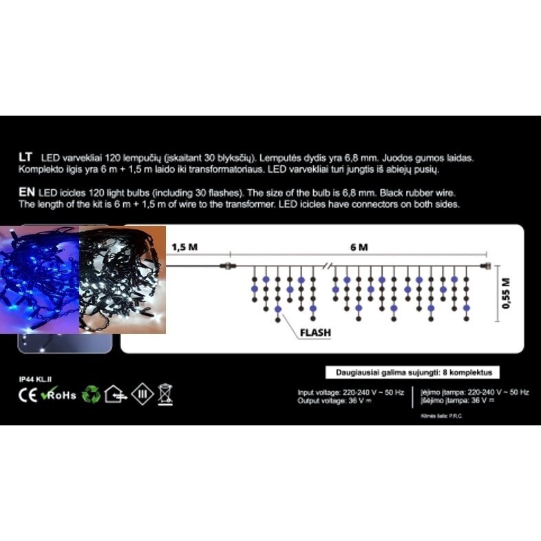 Girlianda varvekliai 120LED Mėlyna + 20% baltai greitai mirksinčios spalvos 2 Girlianda varvekliai 120LED Mėlyna + 20% baltai greitai mirksinčios spalvos 2
