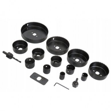 Grąžtų karūnų rinkinys medžiui 19-127mm 16vnt. 1 Grąžtų karūnų rinkinys medžiui 19-127mm 16vnt. 1