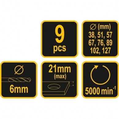 Grąžtų karūnų rinkinys medžiui 38-127mm 9vnt. 1 Grąžtų karūnų rinkinys medžiui 38-127mm 9vnt. 1