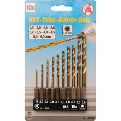 Grąžtų metalui rinkinys HEX antgalis 10vnt. 1.5-6.0mm HSS Grąžtų metalui rinkinys HEX antgalis 10vnt. 1.5-6.0mm HSS