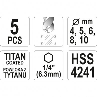 Grąžtų metalui rinkinys HEX antgalis 5vnt. 4-10mm HSS 2 Grąžtų metalui rinkinys HEX antgalis 5vnt. 4-10mm HSS 2