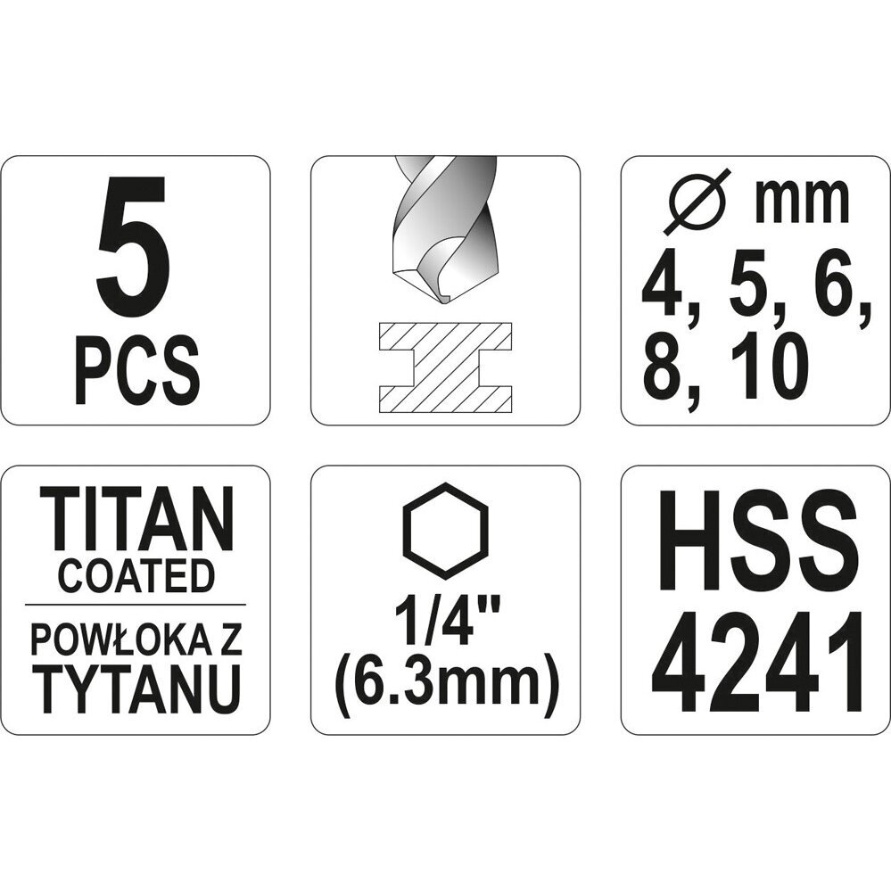 Grąžtų metalui rinkinys HEX antgalis 5vnt. 4-10mm HSS 2 Grąžtų metalui rinkinys HEX antgalis 5vnt. 4-10mm HSS 2