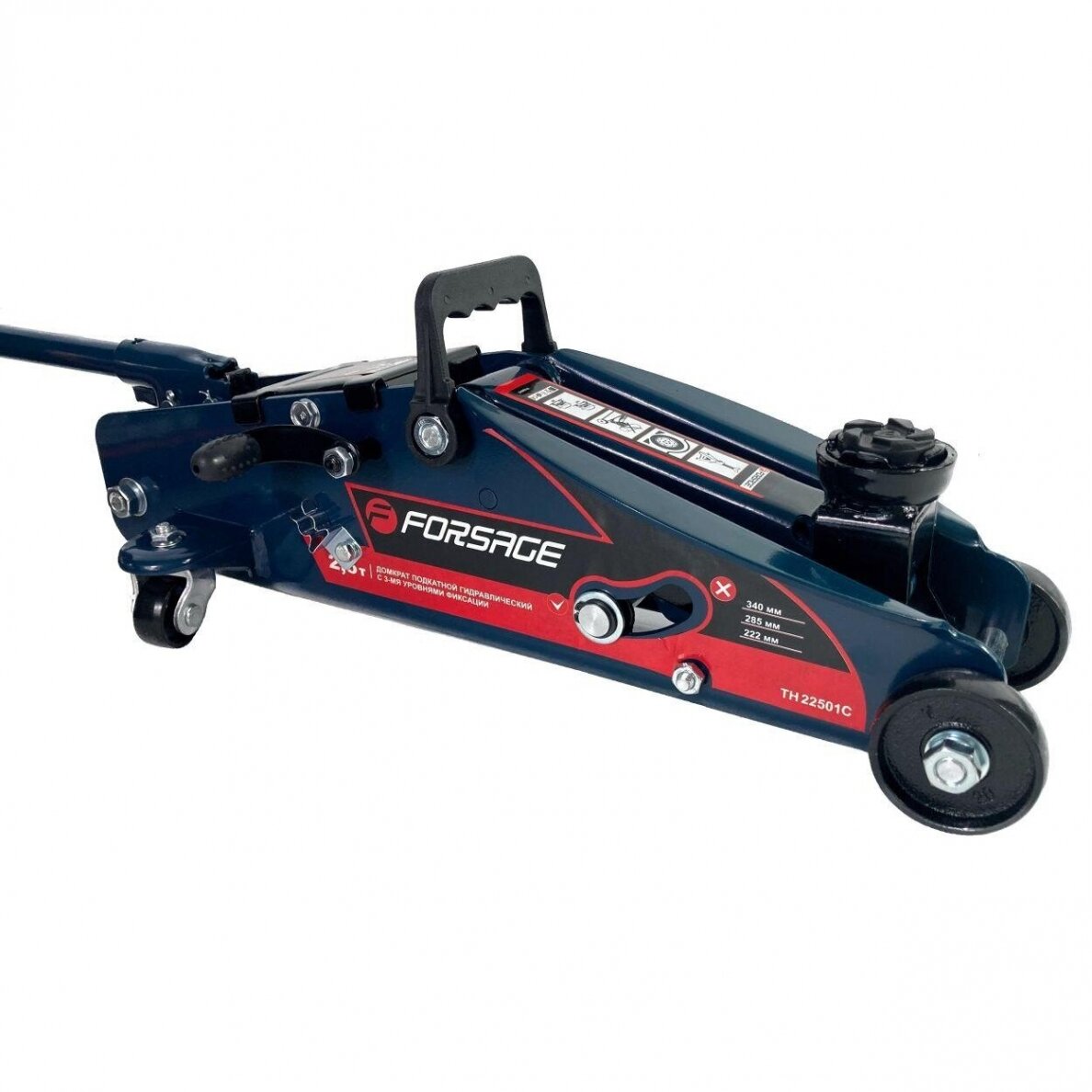 Hidraulinis domkratas su ratukais fiksacija + apsauginė guma lagamine 2.5T 140-387mm F-TH22501C 2