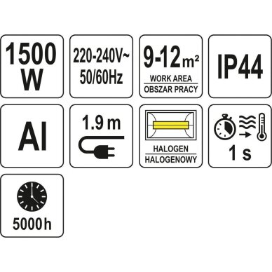 Infraraudonųjų spindulių šildytuvas pakabinamas 1.5kW YT-99500 4 Infraraudonųjų spindulių šildytuvas pakabinamas 1.5kW YT-99500 4