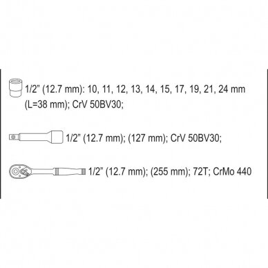 Galvučių rinkinys su terkšle 12vnt. 1/2" 4