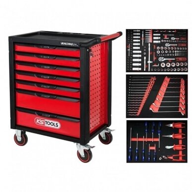 Įrankių vežimėlis su įrankiais. Bėgeliai su guoliais 215vnt. 7 stalčiai KsTools RACING LINE Įrankių vežimėlis su įrankiais. Bėgeliai su guoliais 215vnt. 7 stalčiai KsTools RACING LINE