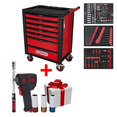 Įrankių vežimėlis su įrankiais. Bėgeliai su guoliais 215vnt. 7 stalčiai KsTools RACING LINE + priedai Įrankių vežimėlis su įrankiais. Bėgeliai su guoliais 215vnt. 7 stalčiai KsTools RACING LINE + priedai