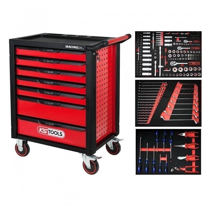 Įrankių vežimėlis su įrankiais. Bėgeliai su guoliais 215vnt. 7 stalčiai KsTools RACING LINE Įrankių vežimėlis su įrankiais. Bėgeliai su guoliais 215vnt. 7 stalčiai KsTools RACING LINE